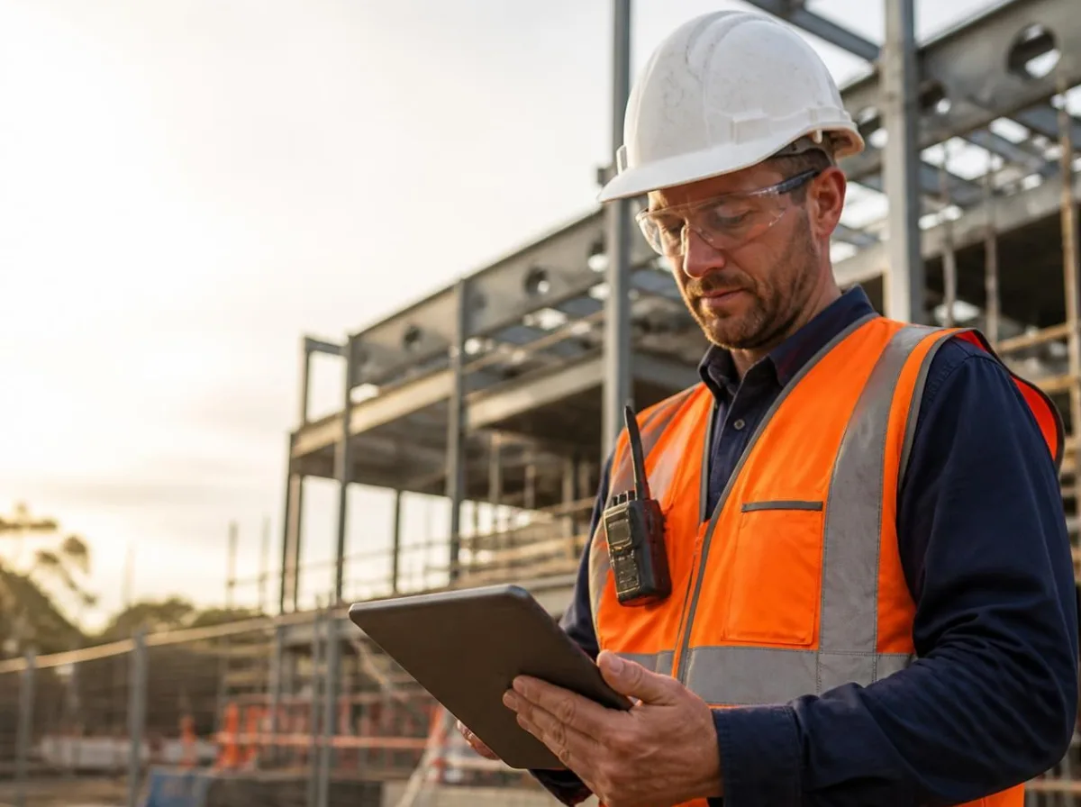 A construction worker in high-visibility clothing reviewing site documents on a tablet